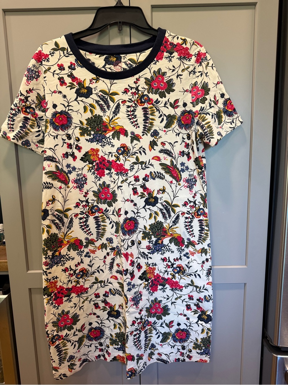 Tory Burch White T-Shirt dresswith Navy Trim and Multicolor Floral Print